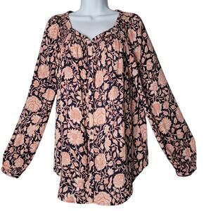 Lucky Brand Floral Peasant Blouse Size L Boho Flowy Romantic Viscose Cottagecore